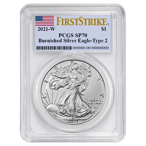 2021-W $1 1-oz T2 Burnished American Silver Eagle PCGS SP70 FS Flag Label