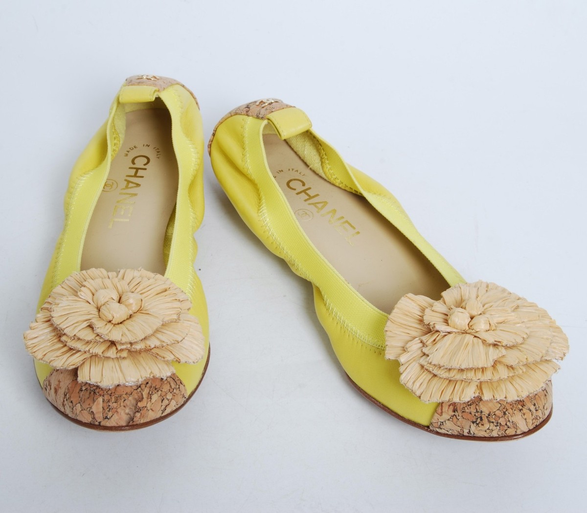 CHANEL Women Yellow Ballet Flats Leather Floral Embroidered