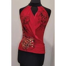 Y2K Red Gold Asian Print Halter Micro Mini Dress S Festival Goth Glam Alt Club