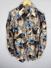 Vintage Charisma Townline Shirt Mens M 15.5 Brown Blue Floral Disco 70s