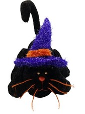 Halloween Black Cat Plush With Purple  Orange Witch Hat Posable Tail