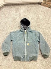 Vintage Carhartt JQ643 YOUTH Green Hooded Work Wear Jacket Size Medium USA