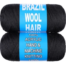 RuiYok 2 Pcs Natural Black Brazilian Wool Hair for Braids Acrylic Hand Knitti...