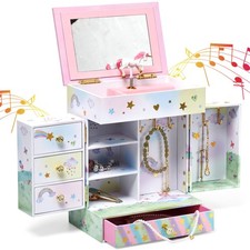 Kids Jewelry Box Unicorn Theme Musical Jewelry Box with Drawers Artificial Wood
