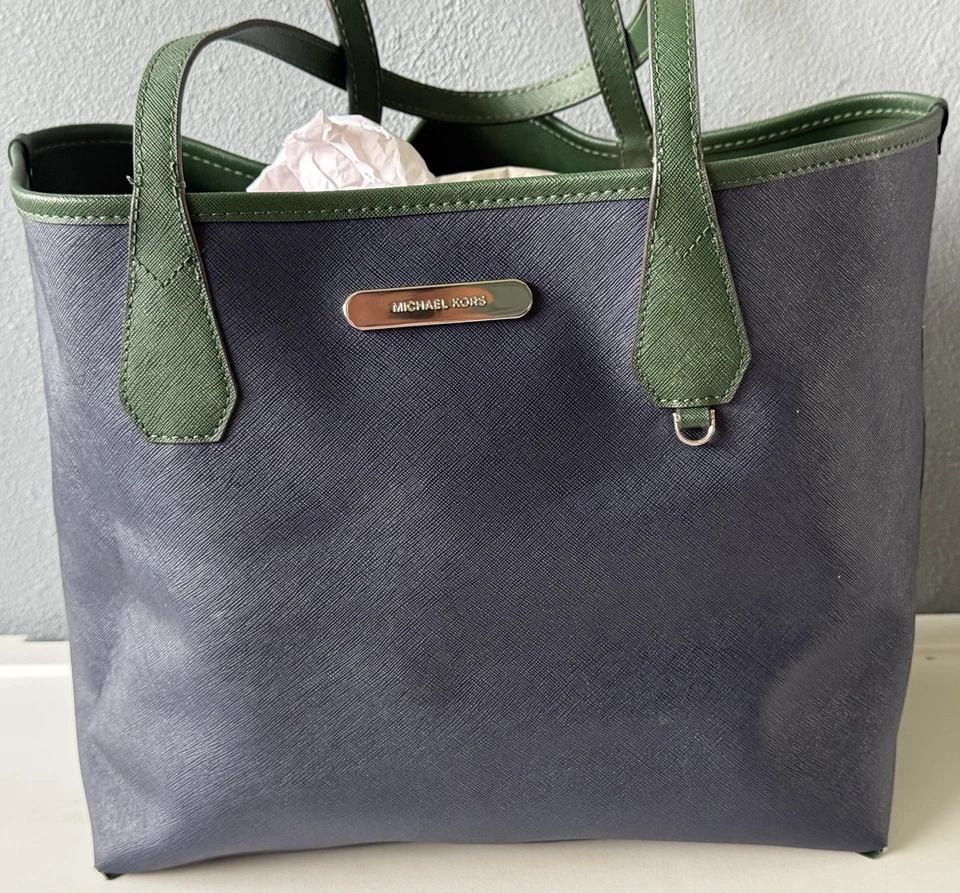 Michael Kors Saffiano Leather Large Reversible Tote Green/Blue Used Excellent - Image 4 of 4
