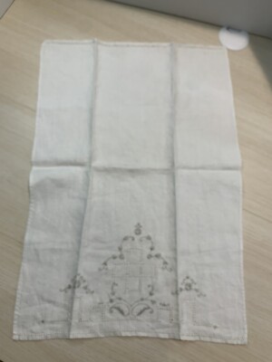 Beige Linen Elegent Embroidered Tea Towel, Dresser Scarf, Table Runner 13.5 x 20