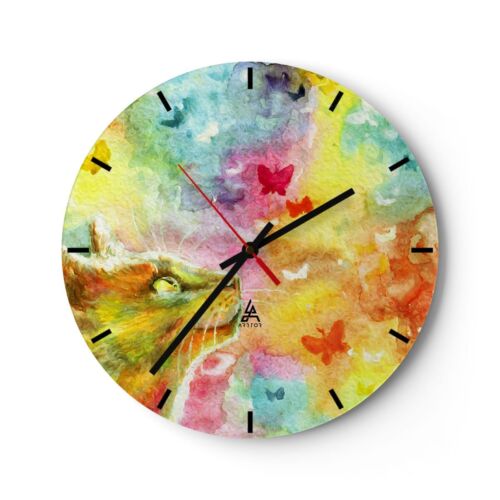 Horloge murale en verre 30x30cm Chat papillon arc-en-ciel magie Wall Clock - Photo 1/10