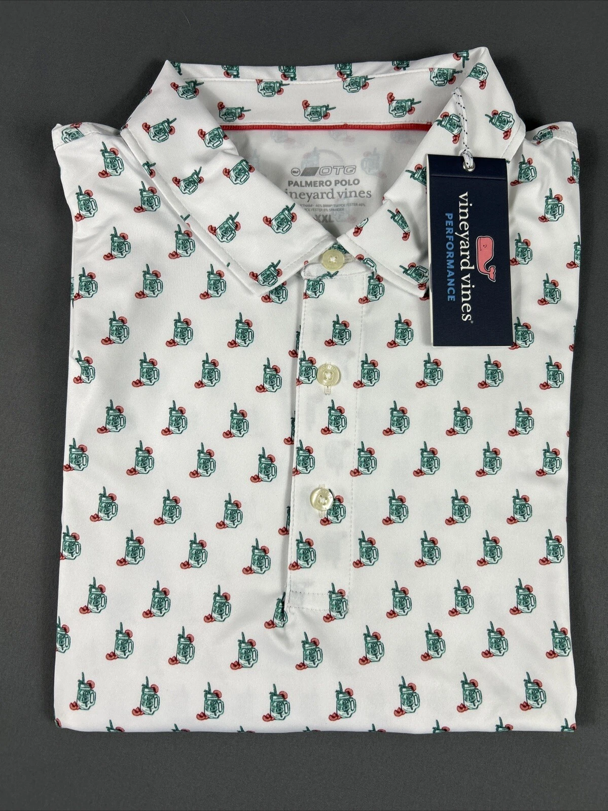 Vineyard Vines Golf Shirt Polo Peach Tea Print Palmero XXL White NWT MSRP $110