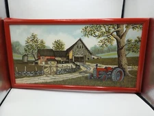 Hargrove Large Original Serigraph Oil Painting Barn & Tractor Americana 25x14