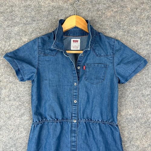 Levi's Chambray Denim Shirt Dress Girls Large 10/12 Blue Button Short Sleeve - Picture 2 of 13