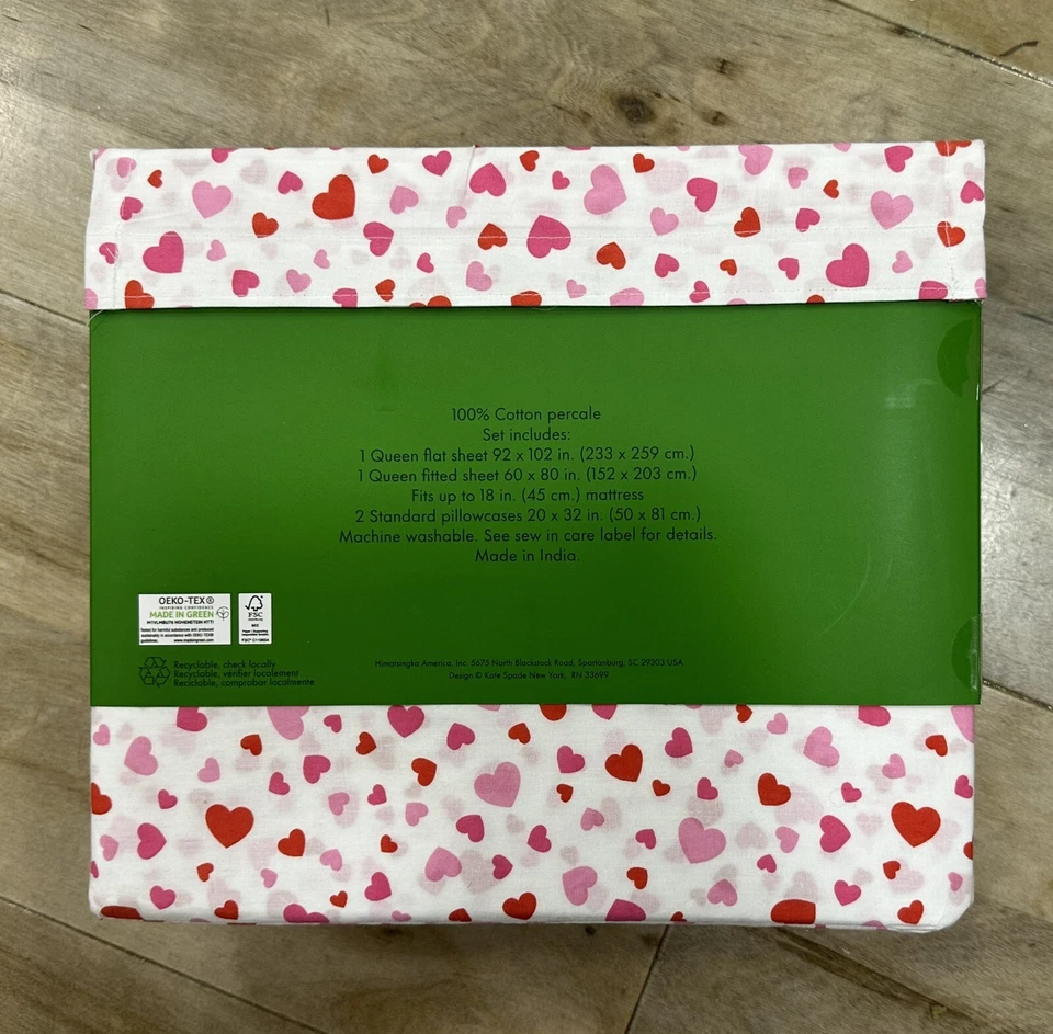 Juego de Sábanas Kate Spade Queen Algodón Percal Corazones ROSA Y ROJO en Sábanas Blancas Nuevo con Etiquetas Foto 3 de 4
