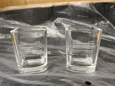 2 Bushmills Irish Whiskey Etched Shot Glasses Square - Brand New