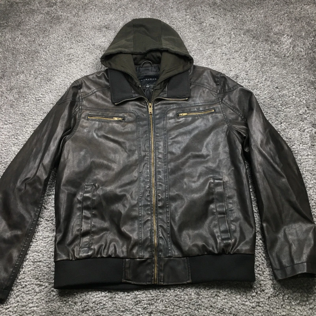 Sean John Mens Hooded Jacket Size XL Brown Faux Leather Full Zip Zip  Pockets EUC | eBay