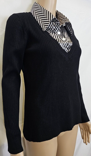 LINDA MATTHEWS Women Black Sweater Size Large w/under shirt attached Long Sleeve - Picture 2 of 16