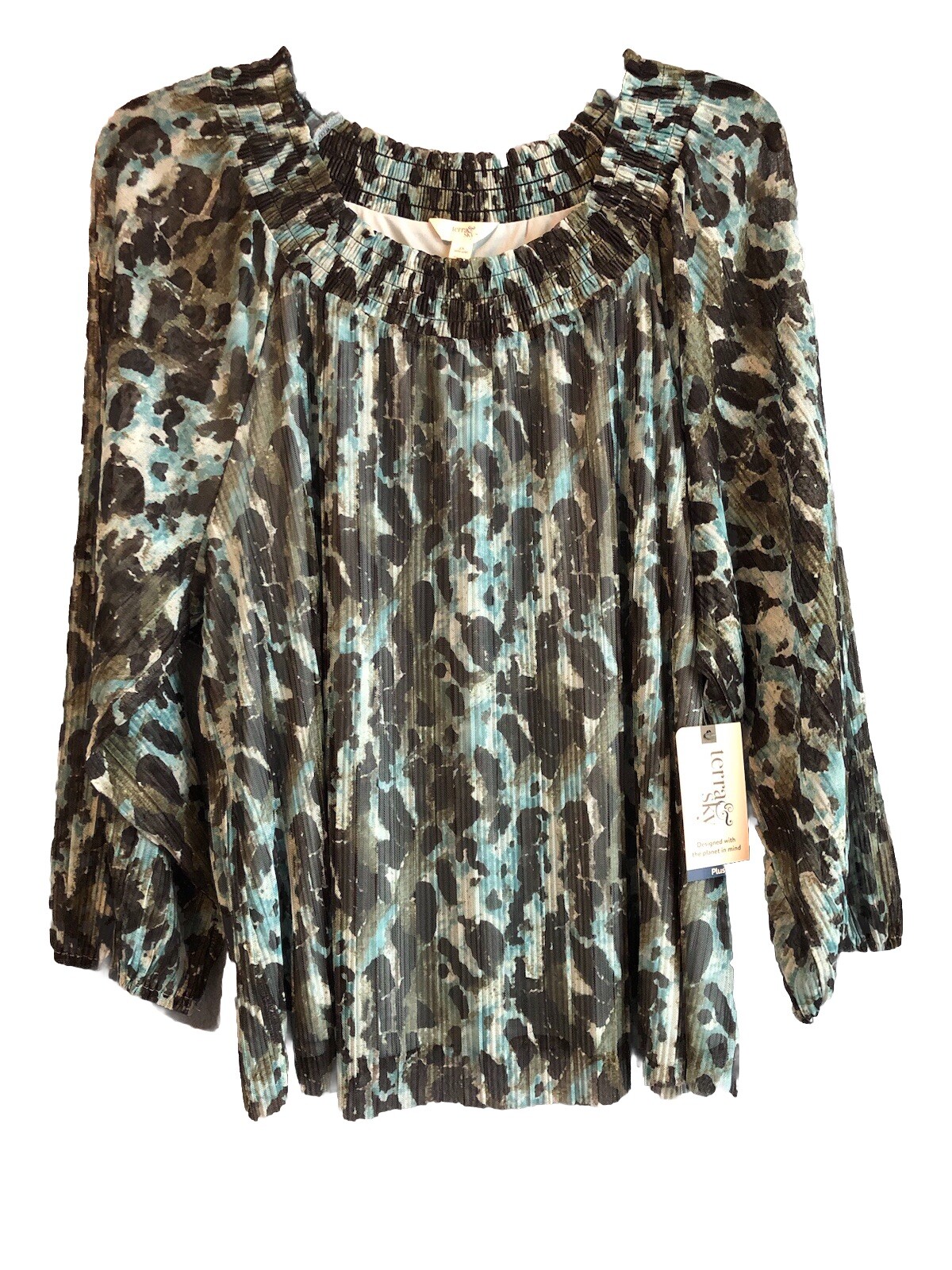 Terra & Sky Womens Tunic Top 2X Long Sleeve Abstract Peacock Mesh Boho Cottage