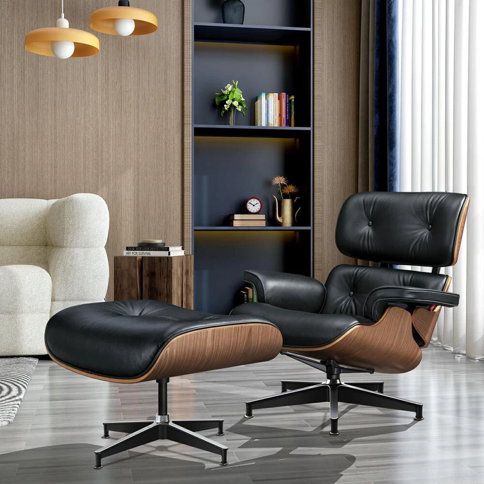 Walnut eames-style Lounge chair armchair and ottoman genuine leather Black - Image 2 of 4