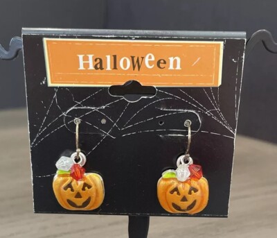 Halloween Earrings Jack-o-Lantern Pumpkin Enamel W/ Dangle Beads Orange