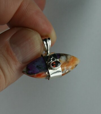 New Oyster Purple Turquoise and Garnet Gemstone Pendant 925 Sterling Silver