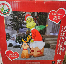 Gemmy 5.5ft Tall Dr. Seuss Grinch in Chimney w/ Max Christmas inflatable