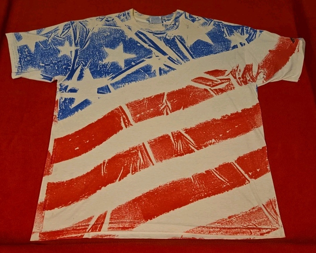 Vintage 90s American Flag All Over Print AOP Shirt Size XXL Single Stitch CHIPS