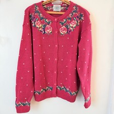 Vintage 80s Cottagecore Pink Floral Hand Embroidered Cardigan Sweater M