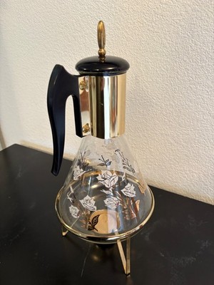 Vintage Fred Press Midcentury White & Gold Flower Carafe w Warming Stand Signed