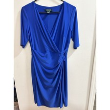 Lauren Ralph Lauren Royal Blue Faux Wrap Draped Sheath Dress Size 6 Elbow Sleeve