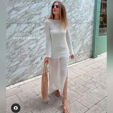 Mango MNG Openwork Open Knit Midi Dress Side Slits 6 Ivory Resort Coastal