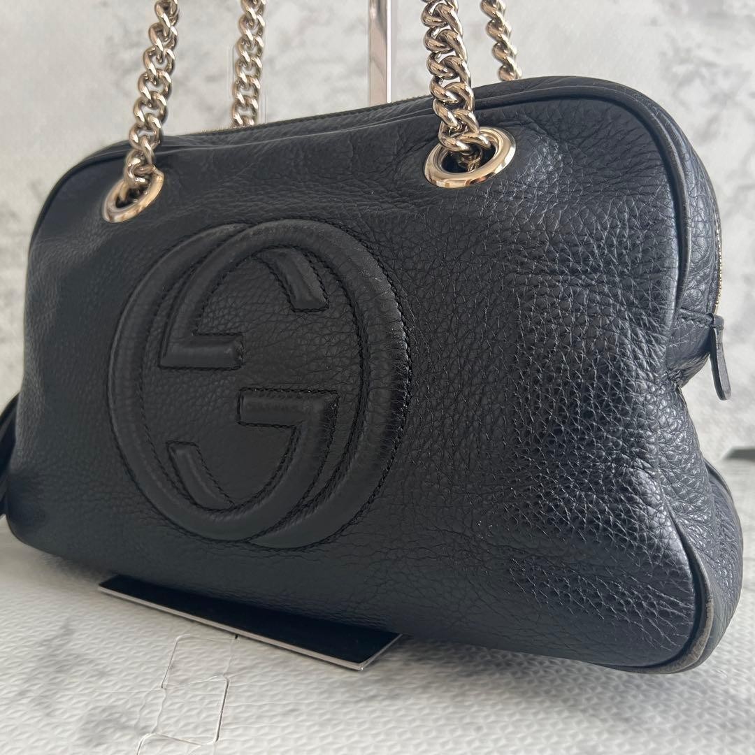 Gucci Soho Gold Chain Shoulder Bag Black Leather GG Logo 308983 From Japan YZ