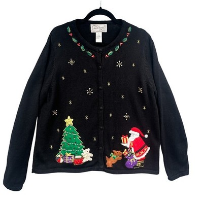 VTG Christmas Cardigan Sweater L Santa Tree Beads Embroidered Granny Cottagecore