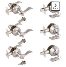 Probrico 3-Pack Keyed Entry Door Lever Single Cylinder Deadbolt, Satin Nickel