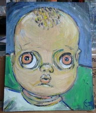 BUBBIE DAVIS EYES  doll head original 8x10 card panel oil painting by Crowell