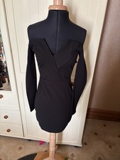PRETTYLITTLETHING LBD Ladies Short Dress Size 8 Black Stretch Bardot Bodycon NEW