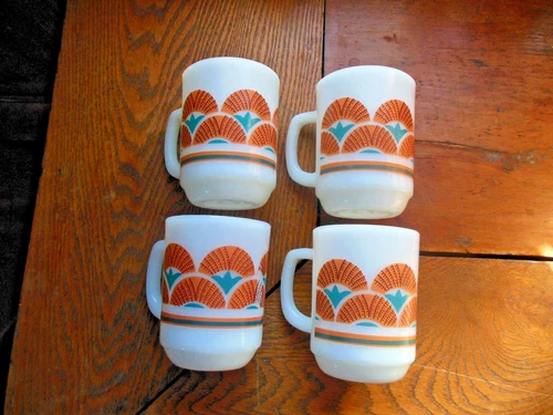 Vintage Fire King Milk Glass Fan Waves D Handle Mug Lot of 4