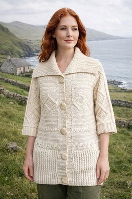 Inis Crafts Womens Irish Cardigan Sz Medium Cream Merino Wool Sweater Aran Knit