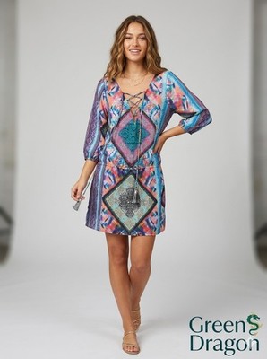 Green Dragon Boho Southwest Scarf Print Mini Dress M Blue Pink Cover-up  Resort | eBay