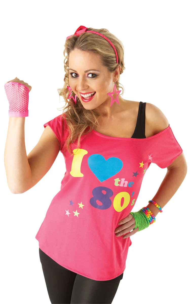 I Love The 80's T Shirt Adults Neon Disco Fancy Dress Accessory Aerobics  Outfit