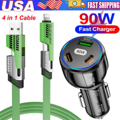 90W Car Charger &4-in-1 Fast Charging Cable For Google Pixel 9 Pro XL 8 Pro 7a 6