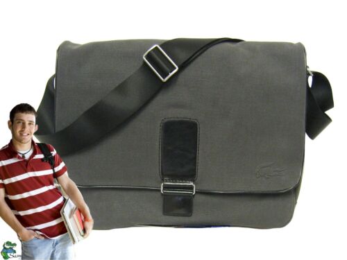 New Authentic Vintage LACOSTE MESSENGER BAG Uptown 4 Leather Trim Charcoal - Picture 1 of 8