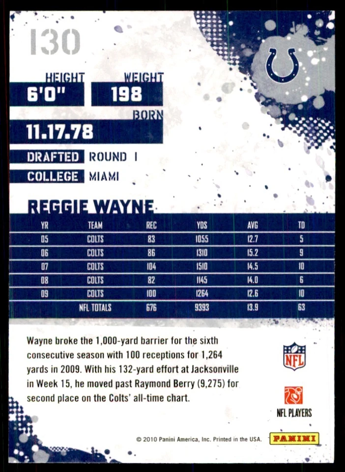 2010 SCORE REGGIE WAYNE INDIANAPOLIS COLTS #130 - Image 2 of 2