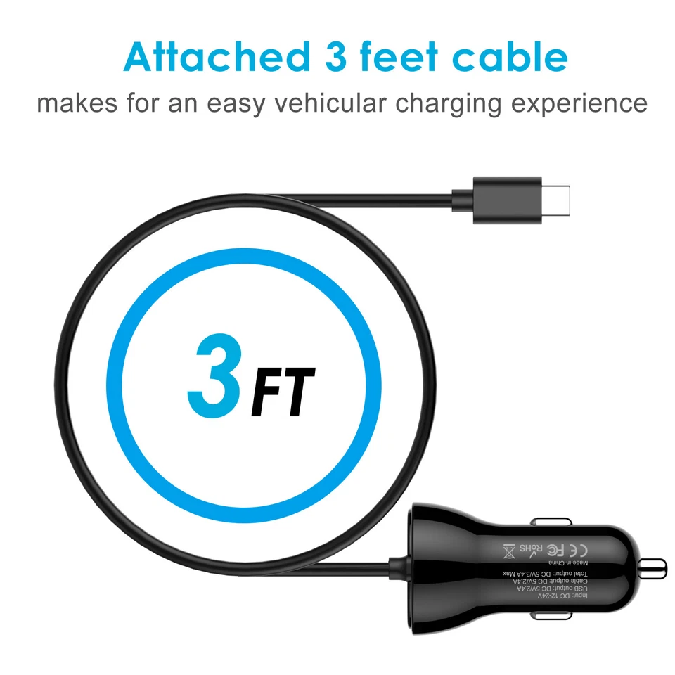 JETech Car Charger with USB Type C Cable 3FT Black - Image 3 of 4
