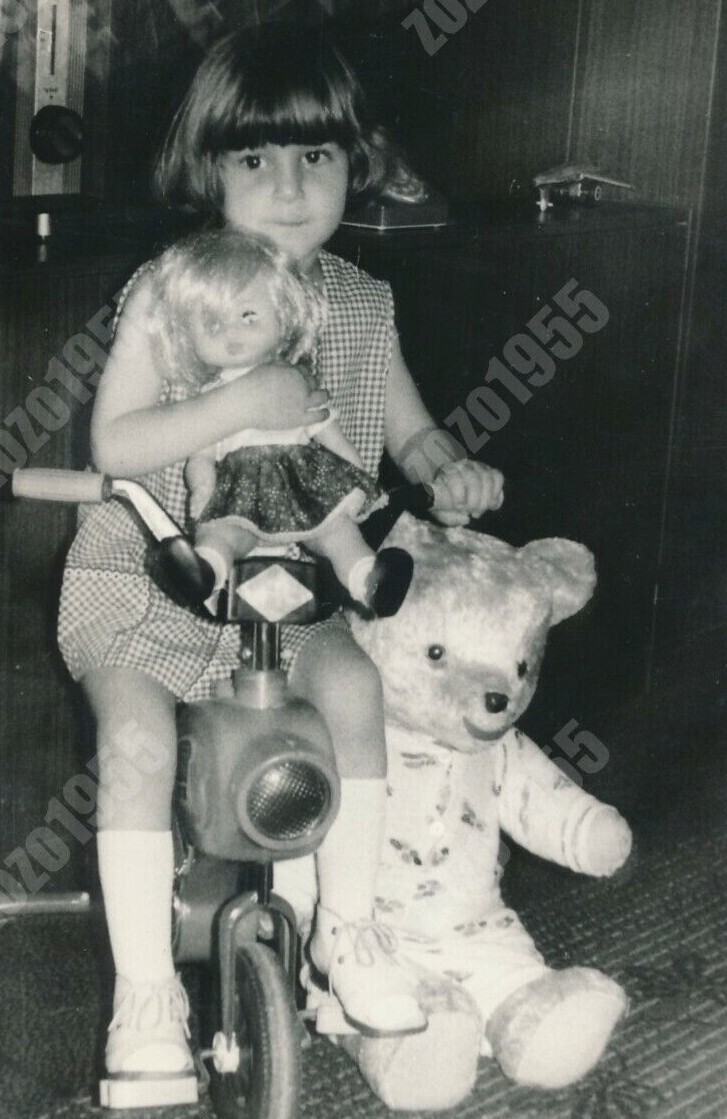 Girl Bicycle Teddy Bear Toy Doll Kid Child Portrait ORG Vintage Photo