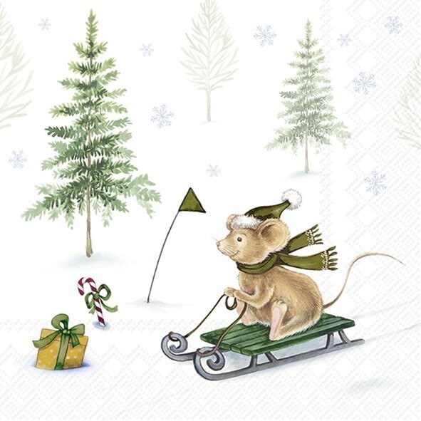 4 x COCKTAIL Napkin/3Ply/25cm/Decoupage/Christmas/Snow/Trees/Mice on Sleigh