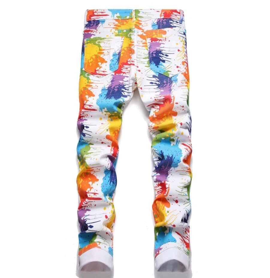 Mens White Denim Cotton Colorful Printed Straight Leg Stretch Summer Pants Jeans - Image 2 of 4