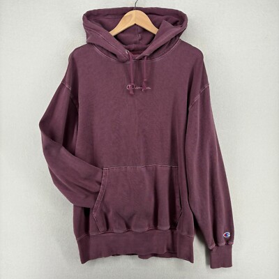 CHAMPION Hoodie Mens S Garment Dyed Spellout Logo Fleece Sweatshirt Pullover Red