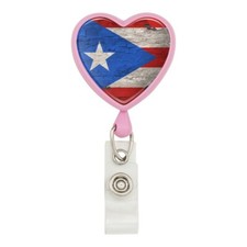 Rustic Distressed Puerto Rico Flag Heart Lanyard Reel Badge ID Card Holder