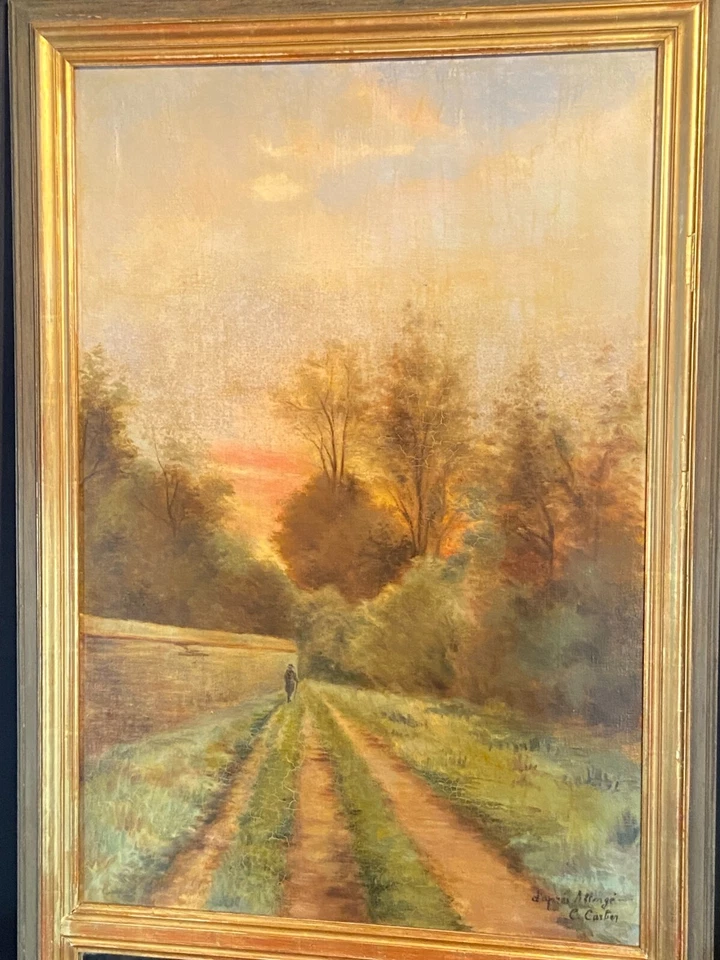 Miroir de cheminée trumeau fin XIXe tableau signé Carlier au chemin de campagne - Photo 2/4