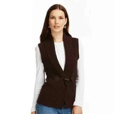 NEW Chaps Womens Shawl Cable Knit Sweater Vest Faux Leather Buckle Brown XS NWT