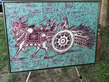 VINTAGE INDONESIAN BATIK Original MidCentury Modern Fabric Painting Ox Chariot 