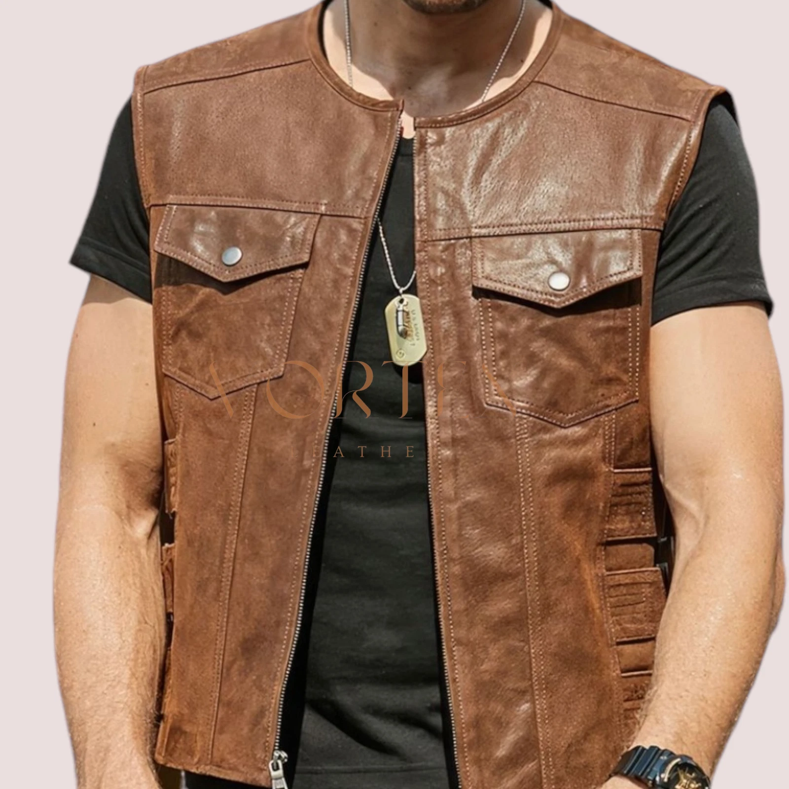 Men's Brown Leather Vest Genuine Lambskin Leather Vest Motorbike Style Vest
